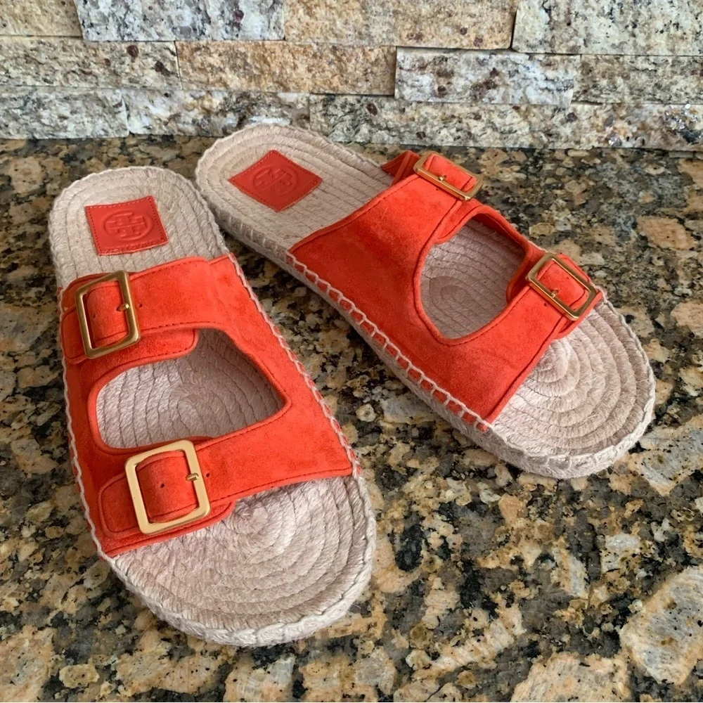 Tory Burch- Selby two Band Espadrille Slides, in “Bright Samba”
